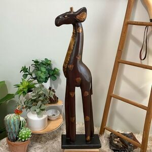 Giraffe Home Accent Piece 24" Tall Wood Sculpture Brown With Metal Accents